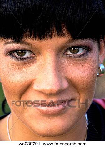 bang, Brown eye, brunette, Close-up View Large Photo Image Stock Image - bang, Brown eye, brunette, Close-up. Fotosearch