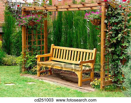 Stock Image - bench, calm, day, empty, garden. Fotosearch