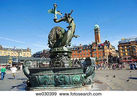 Bull and dragon fountain in Radhuspladsen, Copenhagen, Denmark View Large Photo Image Stock Photo - Bull and dragon fountain in Radhuspladsen, Copenhagen, Denmark. Fotosearch