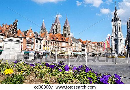Grand Place with the statue of Christine de Lalaing on the left. Tournai. Hainaut, Belgium View Large Photo Image Stock Photo - Grand Place with the statue of Christine de Lalaing on the left. Tournai. Hainaut, Belgium. Fotosearch