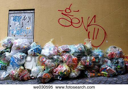 Heap of sacks with recycable waste, Ratisbone / Regensburg, Upper Palatinate, Bavaria, Germany View Large Photo Image Stock Photography - Heap of sacks with recycable waste, Ratisbone / Regensburg, Upper Palatinate, Bavaria, Germany. Fotosearch