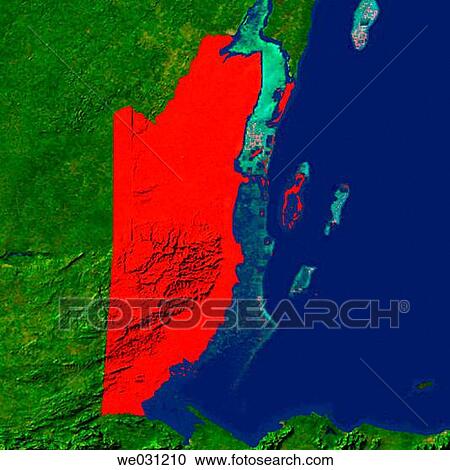 Stock Image - Highlighted satellite image of Belize. Fotosearch