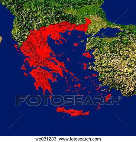 Stock Image - Highlighted satellite image of Greece. Fotosearch