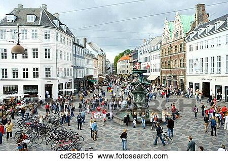 Looking up Stroget from Hojbro Plads, Copenhagen, Denmark View Large Photo Image Stock Photography - Looking up Stroget from Hojbro Plads, Copenhagen, Denmark. Fotosearch