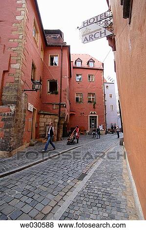 Medieval street, Rote-Hahnen-Gasse, Ratisbone / Regensburg, Upper Palatinate, Bavaria, Germany View Large Photo Image Stock Photo - Medieval street, Rote-Hahnen-Gasse, Ratisbone / Regensburg, Upper Palatinate, Bavaria, Germany. Fotosearch