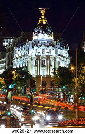 Metropolis building at night, Calle de Alcalß. Madrid, Spain View Large Photo Image Stock Photo - Metropolis building at night, Calle de Alcalß. Madrid, Spain. Fotosearch