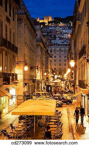 Night view up Rua de Santa Justa to St. George's Castle, Lisbon. Portugal View Large Photo Image Stock Photo - Night view up Rua de Santa Justa to St. George's Castle, Lisbon. Portugal. Fotosearch