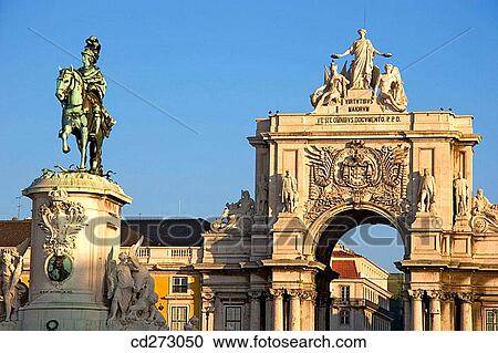 Stock Image - Rua Augusta Arch, triumphal arch in Pra? a do Com? rcio. Lisbon. Portugal. Fotosearch