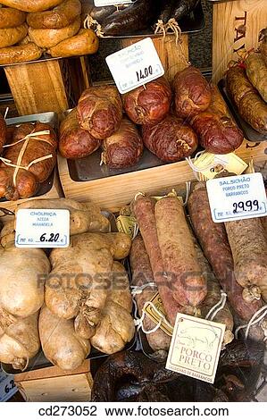 Sausages in shop window, Lisbon. Portugal View Large Photo Image Stock Image - Sausages in shop window, Lisbon. Portugal. Fotosearch