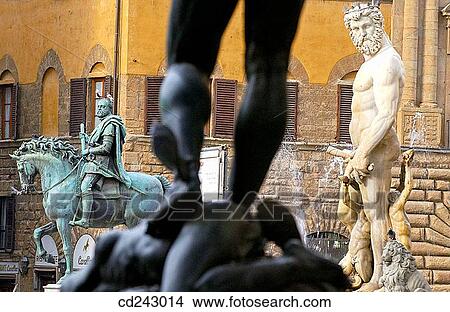 Statue of Cosimo I de Medici by Giambologna and? Il Biancone?, statue of Neptune, in Piazza della Signoria. Florence. Tuscany, Italy View Large Photo Image Picture - Statue of Cosimo I de Medici by Giambologna and? Il Biancone?, statue of Neptune, in Piazza della Signoria. Florence. Tuscany, Italy. Fotosearch