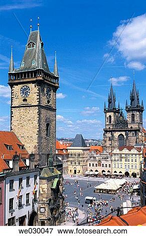 Tyn church anf Old Town Hall, Staromestsk? Namesti (Old Town Square). Prague, Czech Republic View Large Photo Image Stock Photo - Tyn church anf Old Town Hall, Staromestsk? Namesti (Old Town Square). Prague, Czech Republic. Fotosearch