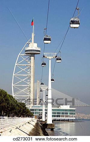 Stock Image - Vasco da Gama tower & bridge and cable cars, Lisbon. Portugal. Fotosearch
