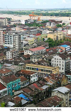 Aerial view of Downtown Yangon and Yangon River. Yangon. Myanmar (Burma) View Large Photo Image Stock Photo - Aerial view of Downtown Yangon and Yangon River. Yangon. Myanmar (Burma). Fotosearch
