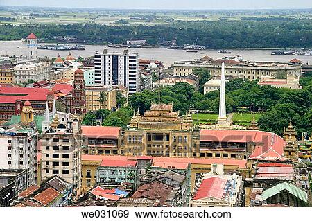 Aerial view of Yangon: Town hall, Mahabandoola Garden and Yangon River. Yangon. Myanmar (Burma) View Large Photo Image Stock Photo - Aerial view of Yangon: Town hall, Mahabandoola Garden and Yangon River. Yangon. Myanmar (Burma). Fotosearch