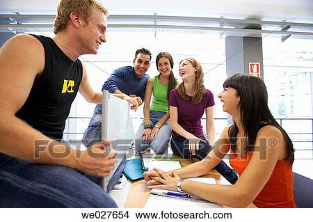 Picture - amusement, college, chat, boy, adolescence. Fotosearch