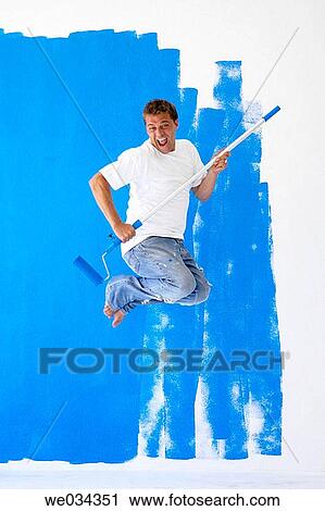 Stock Image - amusing, blue, barefoot, at-home, amusement. Fotosearch