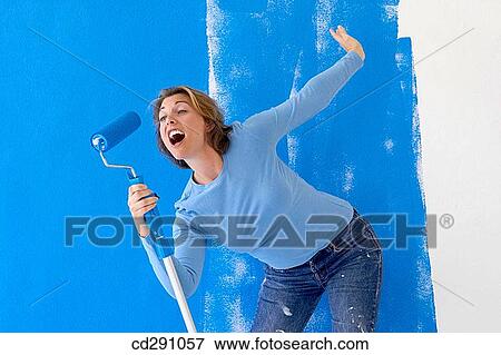 Stock Photo - at-home, break-time, break, blue, amusing. Fotosearch