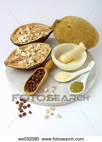 Stock Image - Baobab fruits and products. Fotosearch