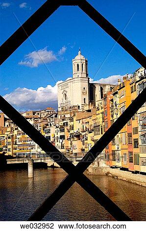 Cathedral and houses by Onyar river from Eiffel bridge, Girona. Catalonia, Spain View Large Photo Image Stock Image - Cathedral and houses by Onyar river from Eiffel bridge, Girona. Catalonia, Spain. Fotosearch