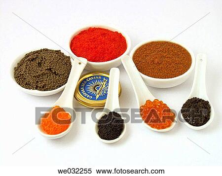Stock Photography - Caviar and substitutes: lumpfish, herring, lobster, salmon and trout roes. Fotosearch
