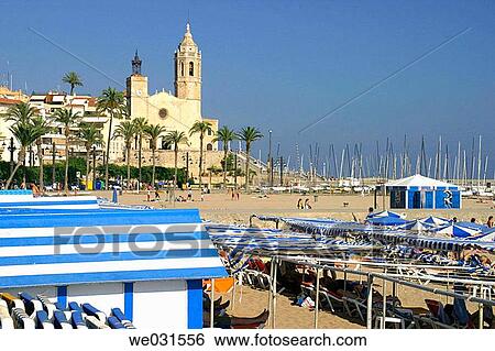 Church of Sant Bartomeu and beach, Sitges. Barcelona province, Catalonia, Spain View Large Photo Image Stock Photograph - Church of Sant Bartomeu and beach, Sitges. Barcelona province, Catalonia, Spain. Fotosearch