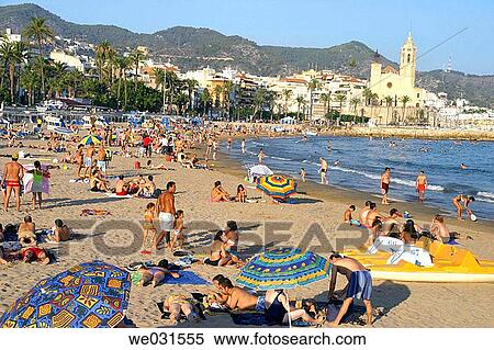 Church of Sant Bartomeu and beach, Sitges. Barcelona province, Catalonia, Spain View Large Photo Image Stock Photography - Church of Sant Bartomeu and beach, Sitges. Barcelona province, Catalonia, Spain. Fotosearch