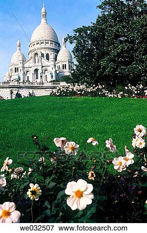 Stock Photo - Church of the Sacre Coeur and gardens in Montmartre, Paris. France. Fotosearch