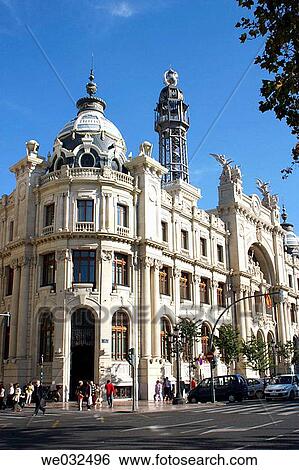 Correos y Telegrafos building (1915-1922 by architect Miguel Angel Navarro), Valencia. Comunidad Valenciana, Spain View Large Photo Image Stock Photograph - Correos y Telegrafos building (1915-1922 by architect Miguel Angel Navarro), Valencia. Comunidad Valenciana, Spain. Fotosearch