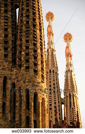 Stock Image - Detail of bell towers of the Sagrada Familia (Church of the Holy Family) by Gaud?, Barcelona. Catalonia, Spain. Fotosearch