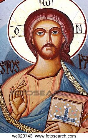 Jesus Christ - mural painting - Sambata Monastery, Sibiu County, southern Transylvania, Romania View Large Photo Image Stock Image - Jesus Christ - mural painting - Sambata Monastery, Sibiu County, southern Transylvania, Romania. Fotosearch