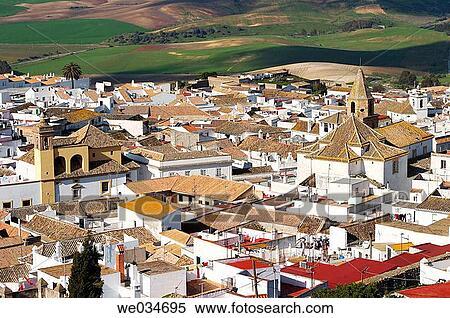 Stock Photography - Medina Sidonia with convent of San Crist? bal on the left and convent of Jesus, Mary and Joseph on the right. Cßdiz province, Andalusia, Spain. Fotosearch