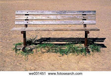 Park bench in sandy field with overgrown grass View Large Photo Image Stock Image - Park bench in sandy field with overgrown grass. Fotosearch