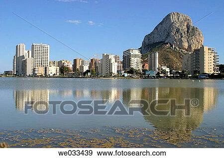 Stock Photo - Pe±? n de Ifach (Ifach Rock) and salt flats. Calpe, Costa Blanca. Alicante province, Comunidad Valenciana, Spain. Fotosearch