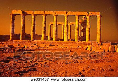 Stock Photo - Temple of Poseidon at sunset, Cape Sunion. Attica, Greece. Fotosearch