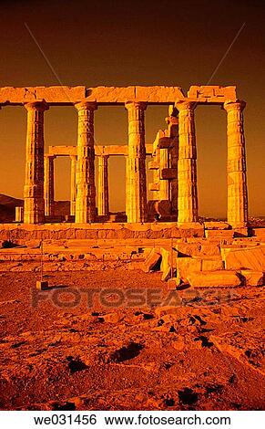 Stock Photograph - Temple of Poseidon at sunset, Cape Sunion. Attica, Greece. Fotosearch
