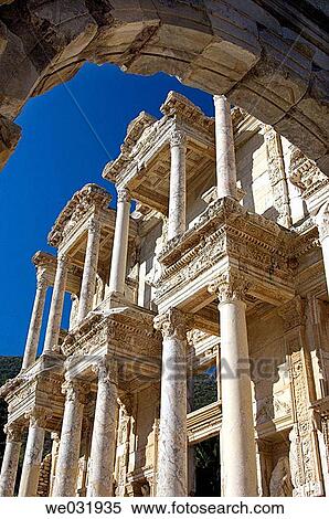 The facade of the Celsus Library building in Ephesus, Turkey. View Large Photo Image Stock Photography - The facade of the Celsus Library building in Ephesus, Turkey.. Fotosearch