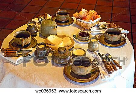 Stock Image - Breakfast at Casa d? Asperelo rural house. Baixa Limia-Serra do Xur's Natural Park, Orense province, Galicia, Spain. Fotosearch