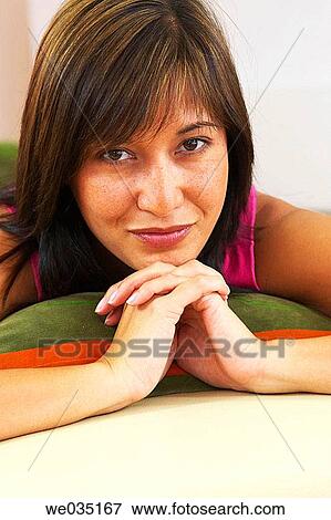 Stock Photo - brunette, Close-up, at-home. Fotosearch