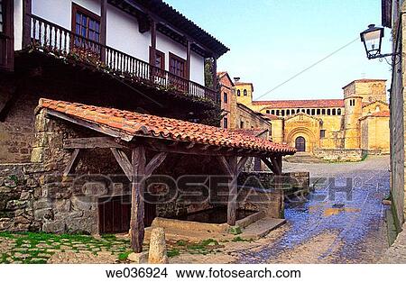 Calle del R? o and Romanesque collegiate church of Santa Juliana (XIIth century). Santillana del Mar, Cantabria. Spain. View Large Photo Image Picture - Calle del R? o and Romanesque collegiate church of Santa Juliana (XIIth century). Santillana del Mar, Cantabria. Spain.. Fotosearch
