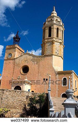 Stock Photo - Church of Sant Bartomeu and Santa Tecla, Sitges. Barcelona province, Catalonia, Spain. Fotosearch