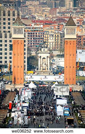 Stock Image - Communications fair at Reina Maria Cristina Avenue, Plaza de Espa±a, Barcelona. Catalonia, Spain. Fotosearch