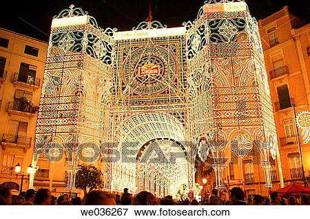 Decorative lights during? fallas? festival, Valencia. Comunidad Valenciana, Spain View Large Photo Image Stock Photo - Decorative lights during? fallas? festival, Valencia. Comunidad Valenciana, Spain. Fotosearch