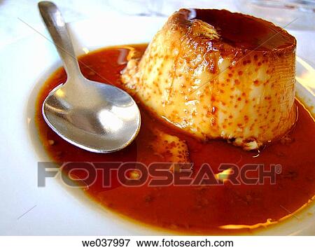 Stock Photo - Homemade, last Flan typical dessert of the restaurant Don Baco, La Ca±ada. Comunidad Valenciana. Spain. Fotosearch