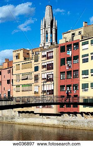 Houses. Onyar river and Sant Feliu church. Girona. Catalunya. Spain. View Large Photo Image Stock Photo - Houses. Onyar river and Sant Feliu church. Girona. Catalunya. Spain.. Fotosearch