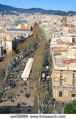 Les Rambles. Aerial view. Barcelona. Catalonia. Spain. View Large Photo Image Stock Photo - Les Rambles. Aerial view. Barcelona. Catalonia. Spain.. Fotosearch