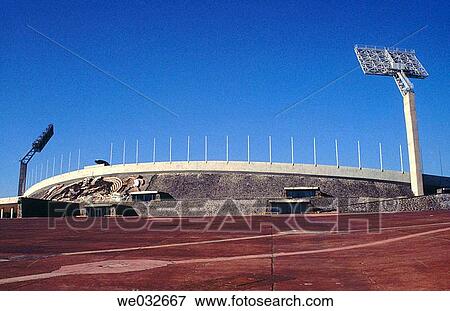Stock Photo - Olympic stadium, National Autonomous University of Mexico (Spanish: Universidad Nacional Aut? noma de M? xico, abbreviated as UNAM). Mexico City, Mexico D. F., Mexico. Fotosearch