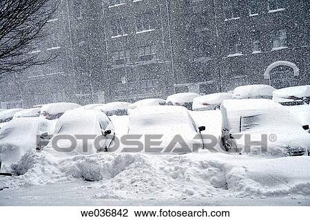 Snow storm in Manhattan. Street with parked cars. View Large Photo Image Stock Image - Snow storm in Manhattan. Street with parked cars.. Fotosearch