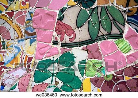 Stock Image - Tiles in Parc Guell, Barcelona, Spain. Fotosearch