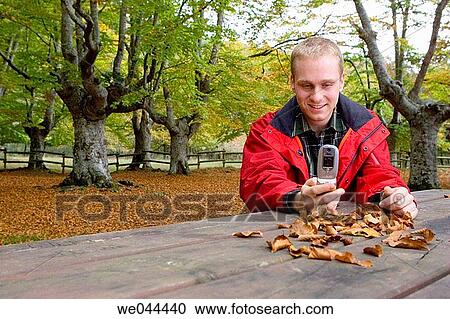 Stock Image - 30's, calling, blond, autumn, 20's. Fotosearch