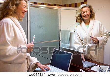 baby boomer, bathrobe, bathroom, blond, brush View Large Photo Image Picture - baby boomer, bathrobe, bathroom, blond, brush. Fotosearch